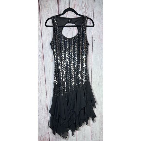 Ala Carte Vintage Cocktail Flapper Style Dress Black Sequins Asymmetrical 7/8 - Picture 1 of 8